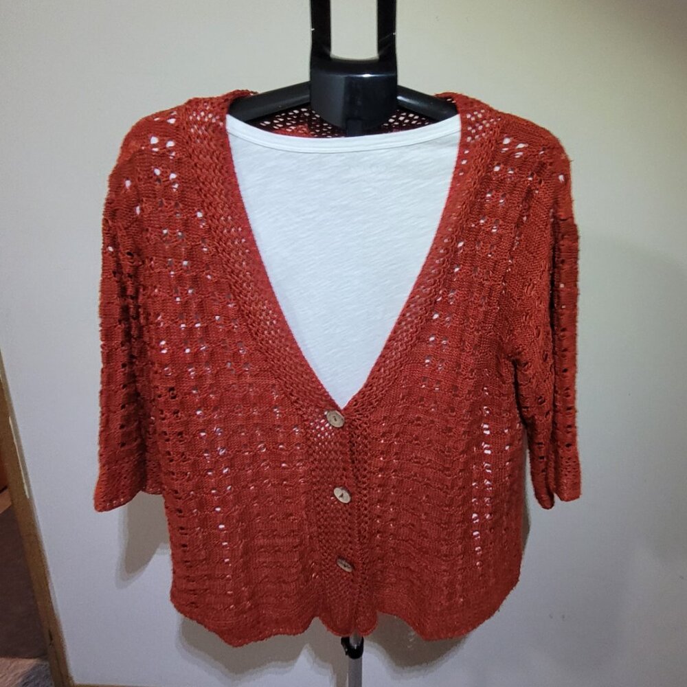 Coldwater Creek Open Knit Short Sleeved Cardigan - Orange